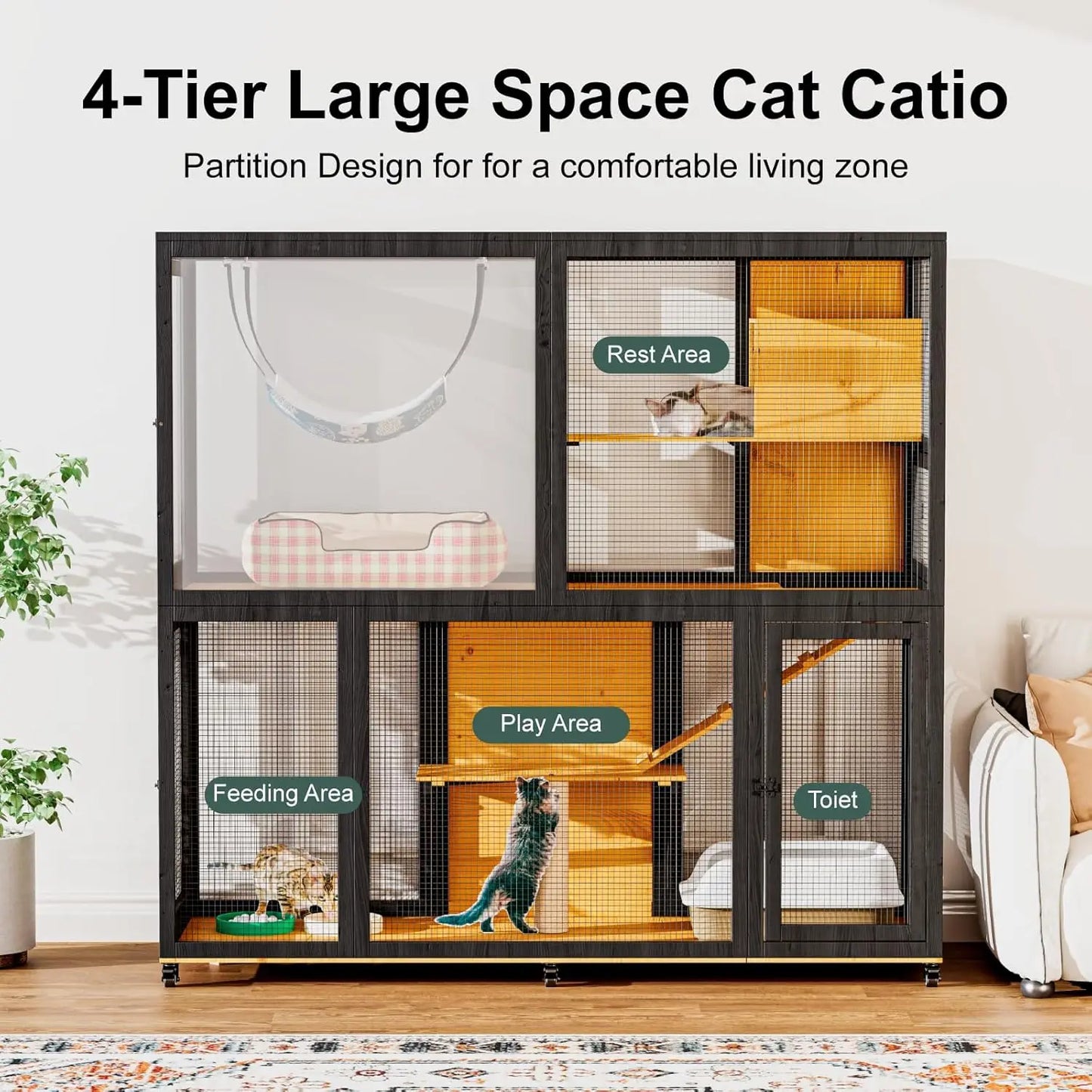 Large Wooden Cat Enclosure 4 Tier Outdoor Sunbathing Cage Patio 4 Access Doors Wheels