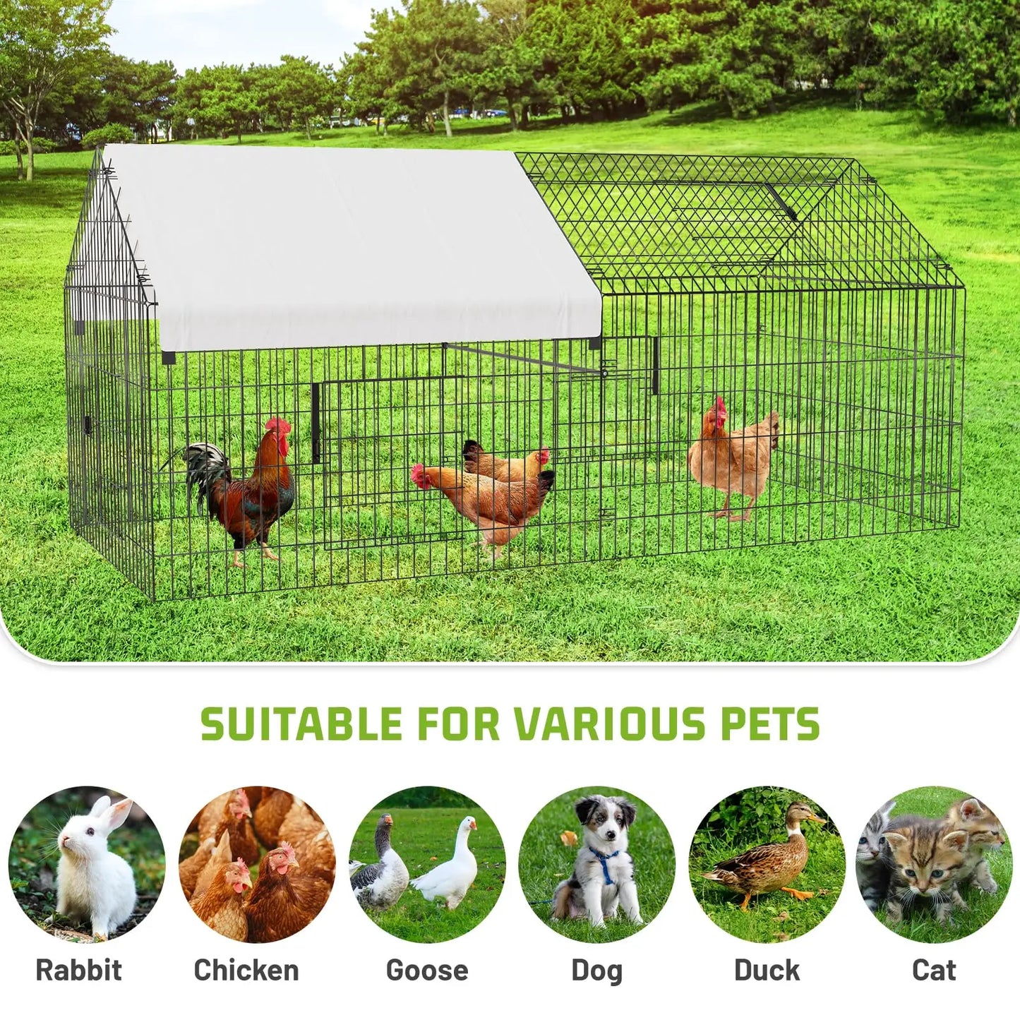 Heavy Duty Chicken Run Coop Cage Walk In Coop Poultry Hen Rabbit Metal Kennel Hutch Pen with Waterproof UV Cover Outdoor
