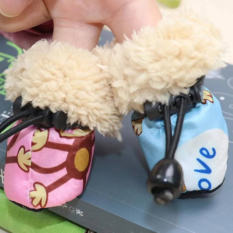 4 Pack/set Pet Winter Dogs Rain Boots With Fleece Liner Cartoon Waterproof Anti Slip Shoes For Dogs