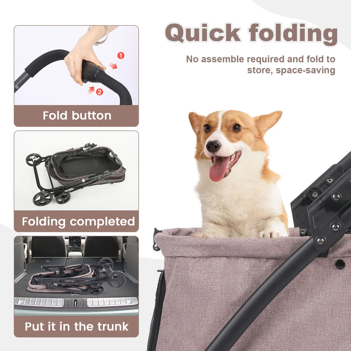 Foldable Dog Stroller Portable Dog Buggy 4 Wheel Pet Stroller Pushchair Travel Carriage Stroller Cart