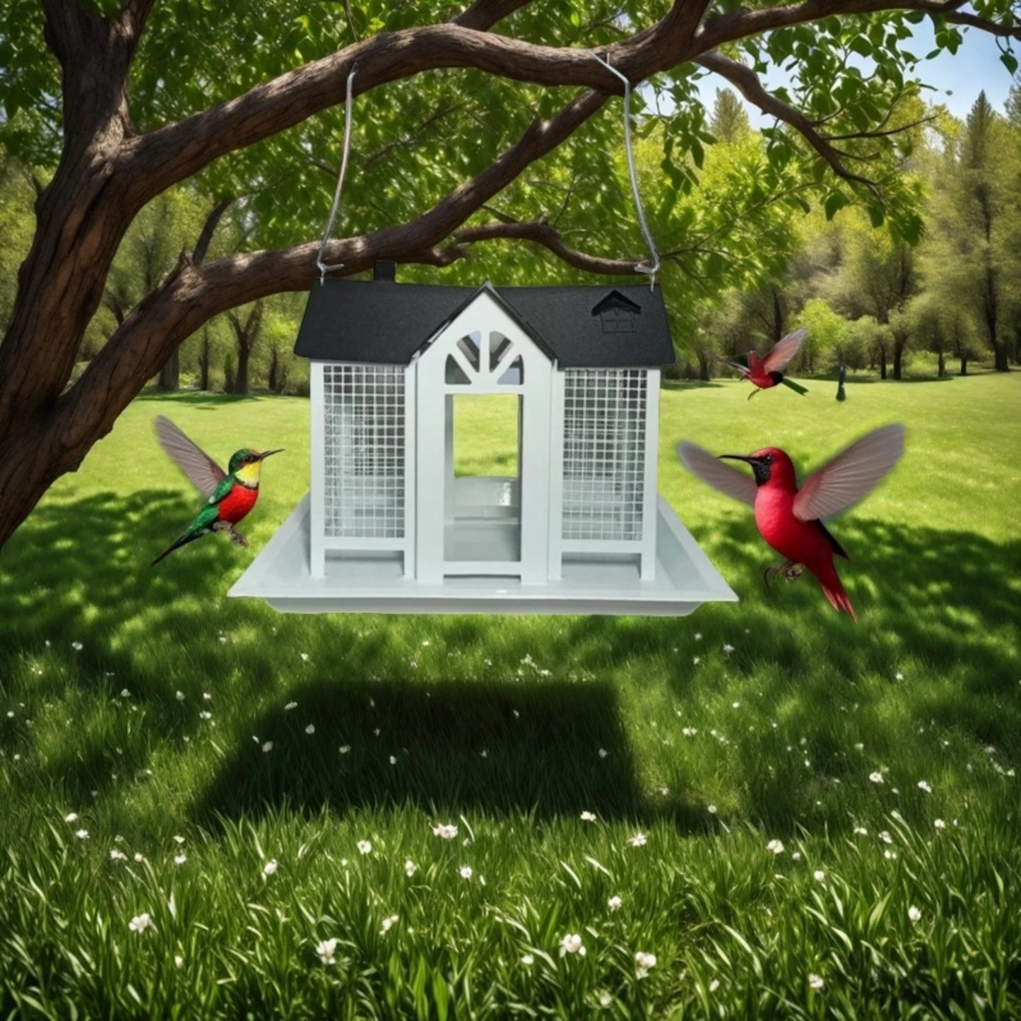 Large Birdhouse with Metal Mesh Cover and Seed Tray,  Weather-Resistant Metal Outdoor Garden Courtyard Decoration Bird Feeding Station,