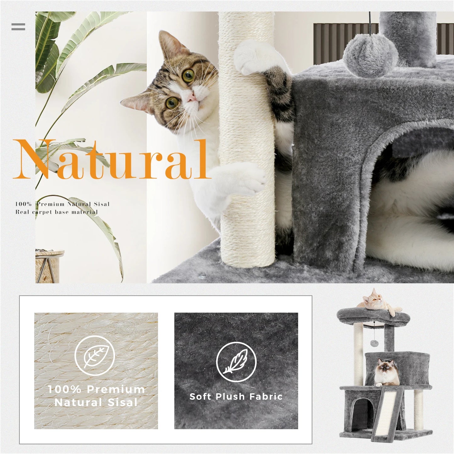 Multi-level Cat Tree with Spacious Perch,Double Condos,Fully Wrapped Scratching Sisal Post