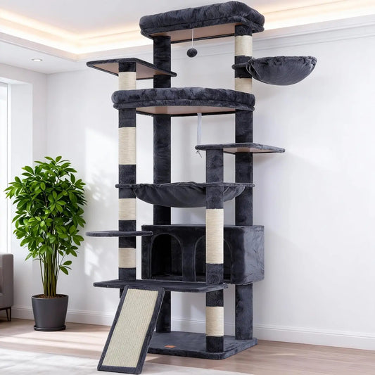 80-Inch Multi-Level Cat Tower for Large Indoor Cats with Spacious Perches, Scratching Board, and Caves in Smoky Gray