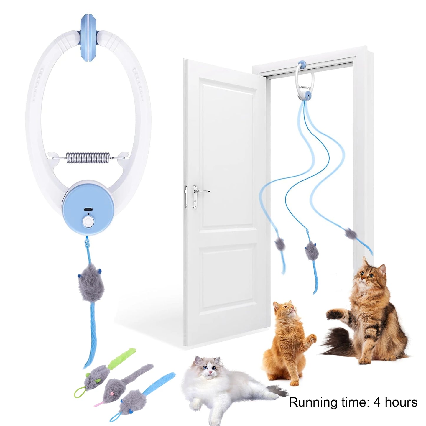 Door Hanging Automatic Retractable Kitten Toys with 3 Catnip Mice Self Play Hanging Door Cat Mouse Toys