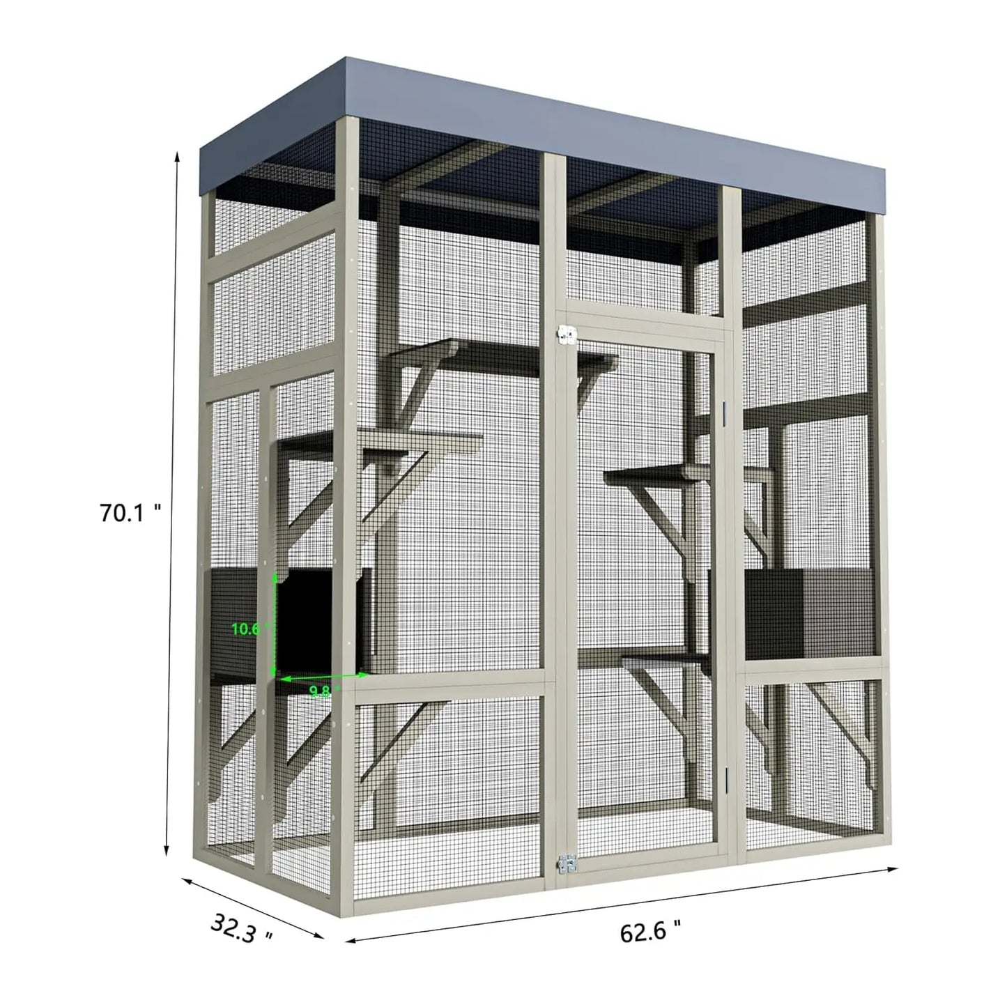62in Wooden Outdoor Catio Large Cat Enclosure Waterproof Roof 2 Houses Platforms Rust-Proof Wire Cage Patio