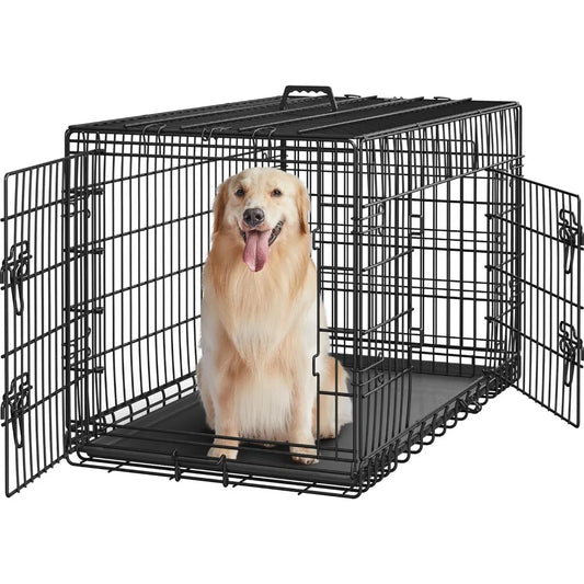 Extra Large 42 Inch Double Door Folding Metal Dog Crate with Divider and Removable Pan for Puppies to Adult Dogs