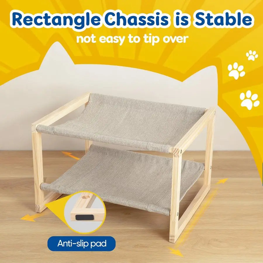 Hammock, Double Layer Wooden Bed for Indoor Cats, 2 Tier Elevated Cat Bed