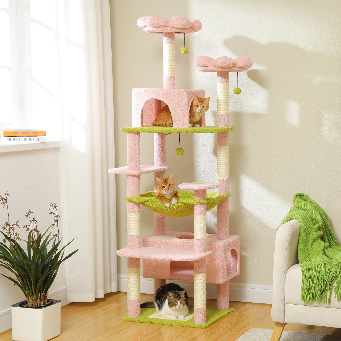 Multi-Level Cat Tree Tower with Scratching Posts&Board, Hammock, Cat Condo,