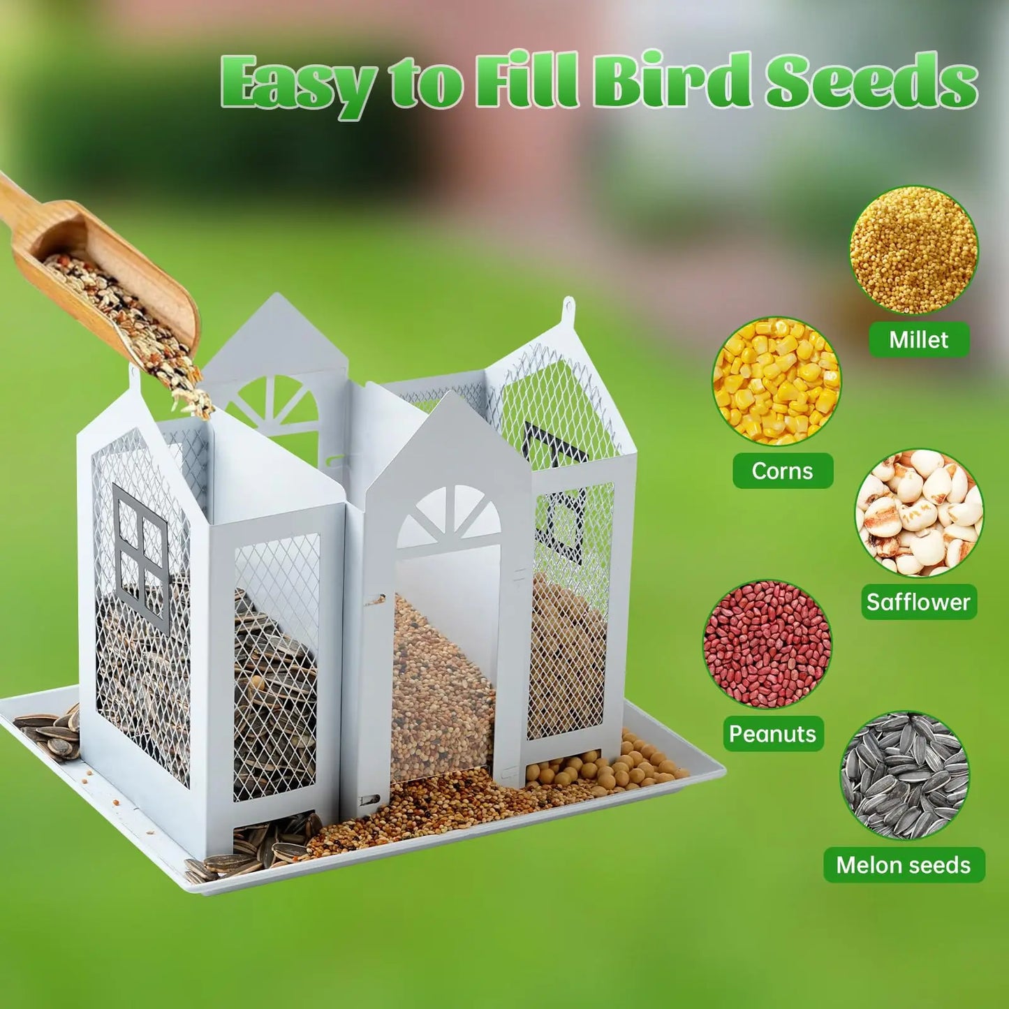 Large Birdhouse with Metal Mesh Cover and Seed Tray,  Weather-Resistant Metal Outdoor Garden Courtyard Decoration Bird Feeding Station,