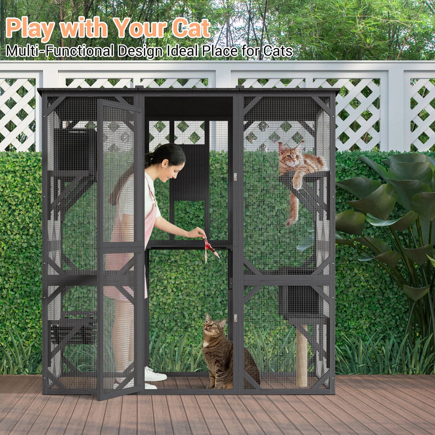 Extra Large Outdoor Wooden Catio, Walk-in Multi-Level Cat Enclosure with Waterproof Roof for Patio & Backyard