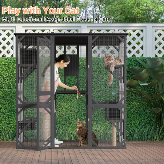 Extra Large Outdoor Wooden Catio, Walk-in Multi-Level Cat Enclosure with Waterproof Roof for Patio & Backyard