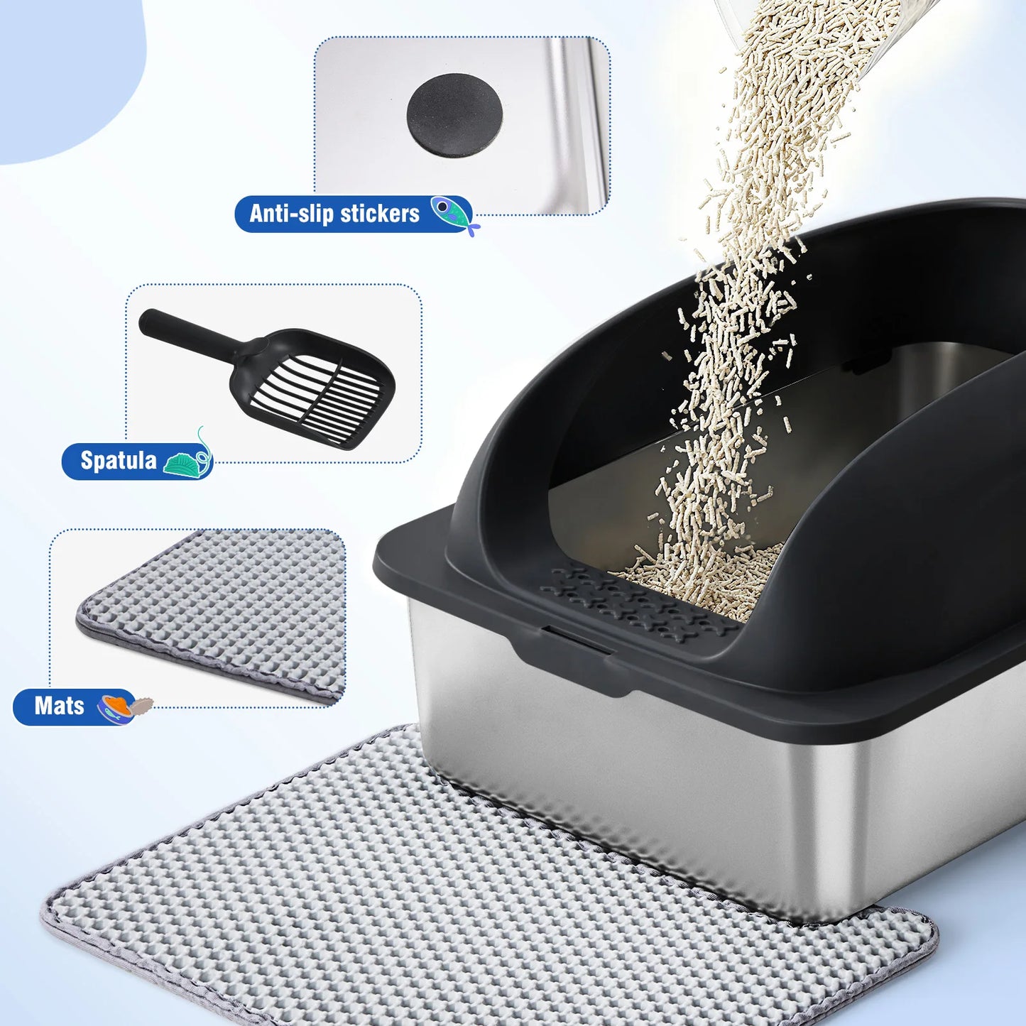 Stainless Steel Cat Litter Box with Lid Large Cat Litter Box for Big Cats Anti-Urine Leakage Scoop and Mat Included