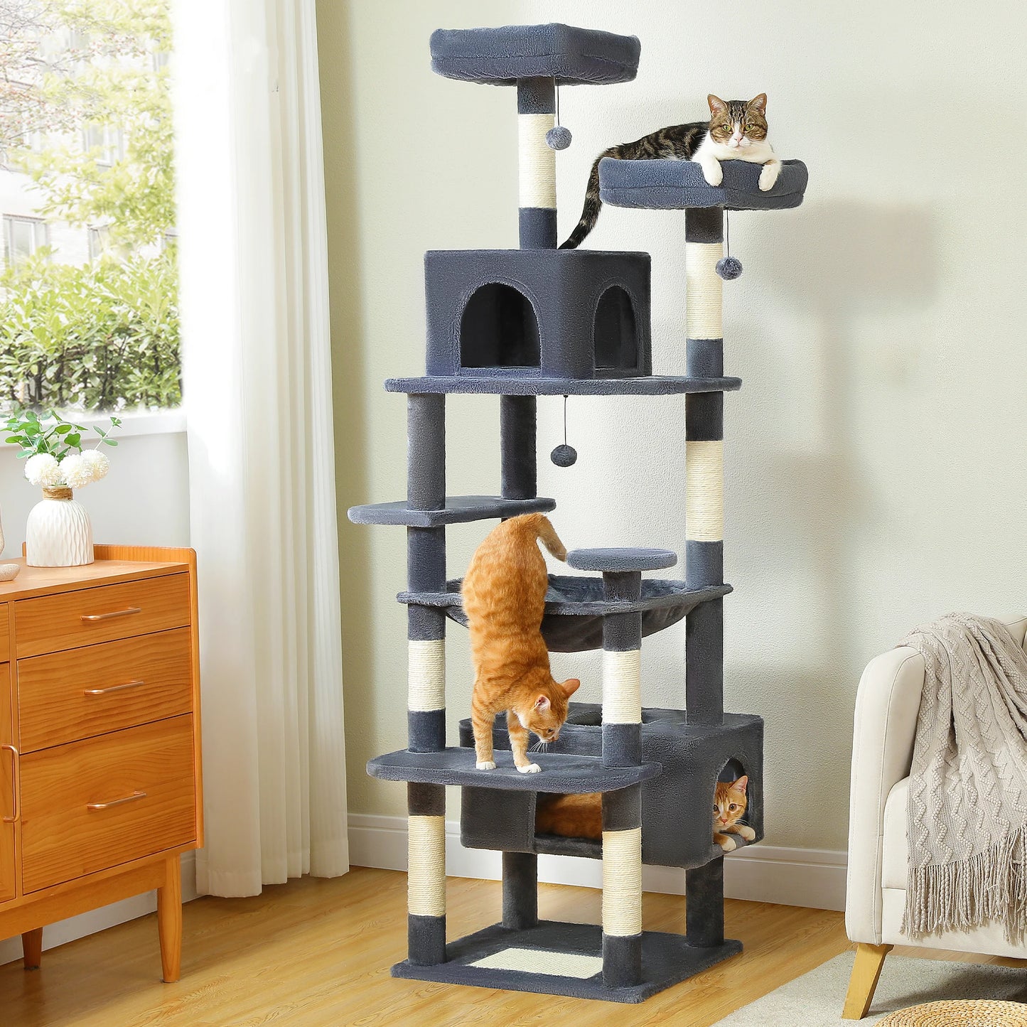 Multi-Level Cat Tree Tower with Scratching Posts&Board, Hammock, Cat Condo,