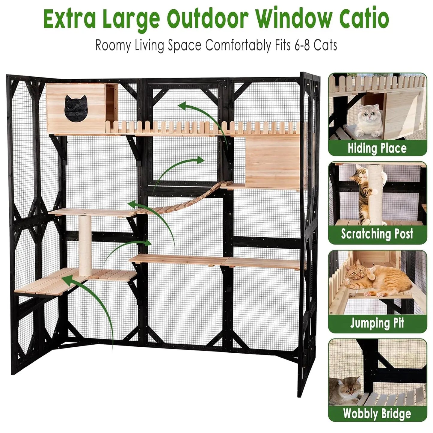 Outdoor Wooden Cat Enclosure House Multi-Cat Walk-in Cage Window Access Weather-Proof Asphalt Roof, Customized