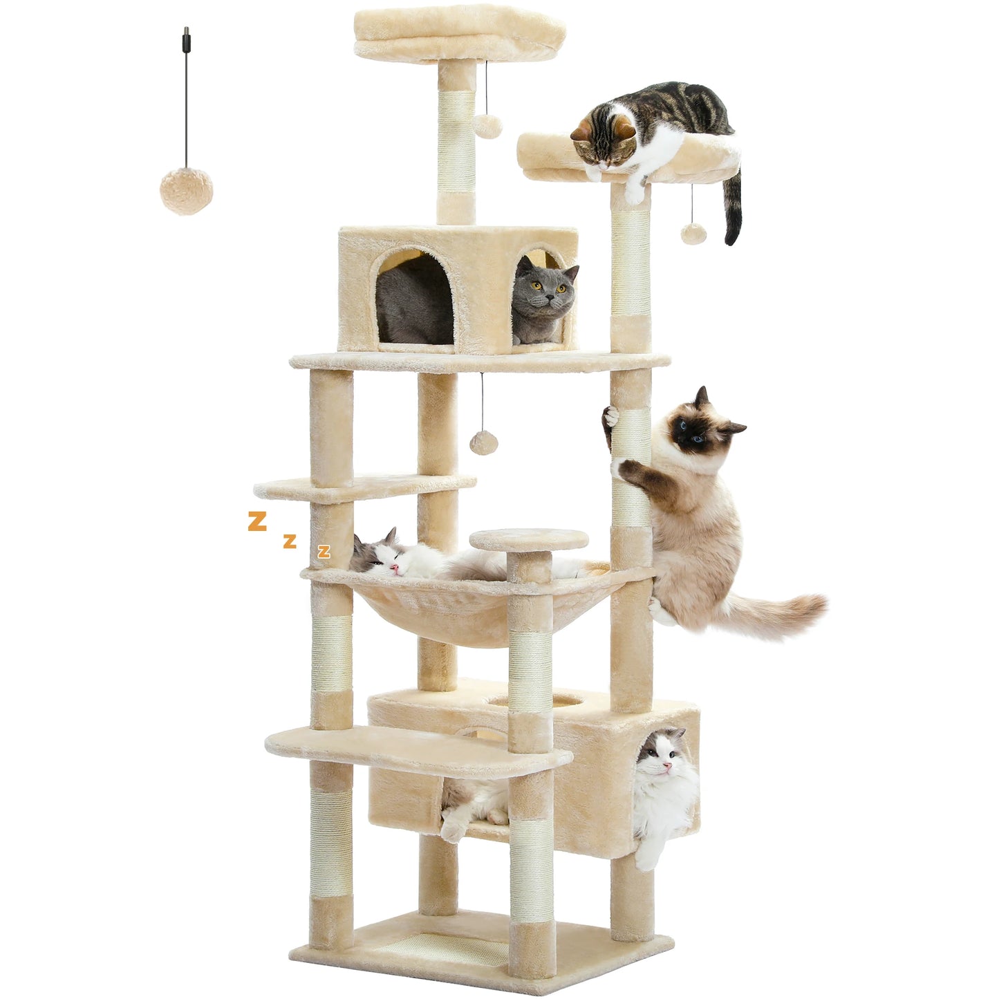 Multi-Level Cat Tree Tower with Scratching Posts&Board, Hammock, Cat Condo,