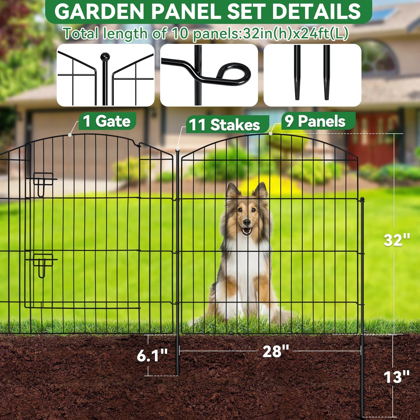 No Dig Decorative Garden Fence with Gate 32in (H) x 24ft (L), 9 Panels + 1 Gate +11 Stakes, Temporary Dog Fencing Outdoor