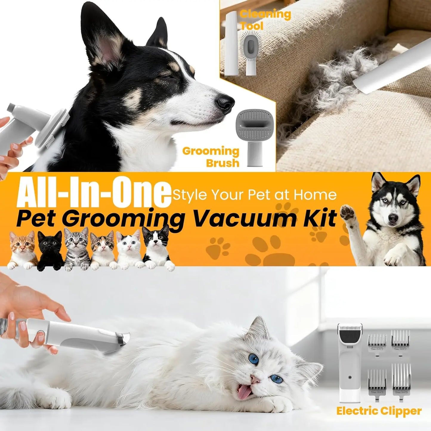 All-in-One Pet Grooming Vacuum with Hair Clipper and Shedding Brush, Low Noise 12,000Pa Suction for Dogs and Cats