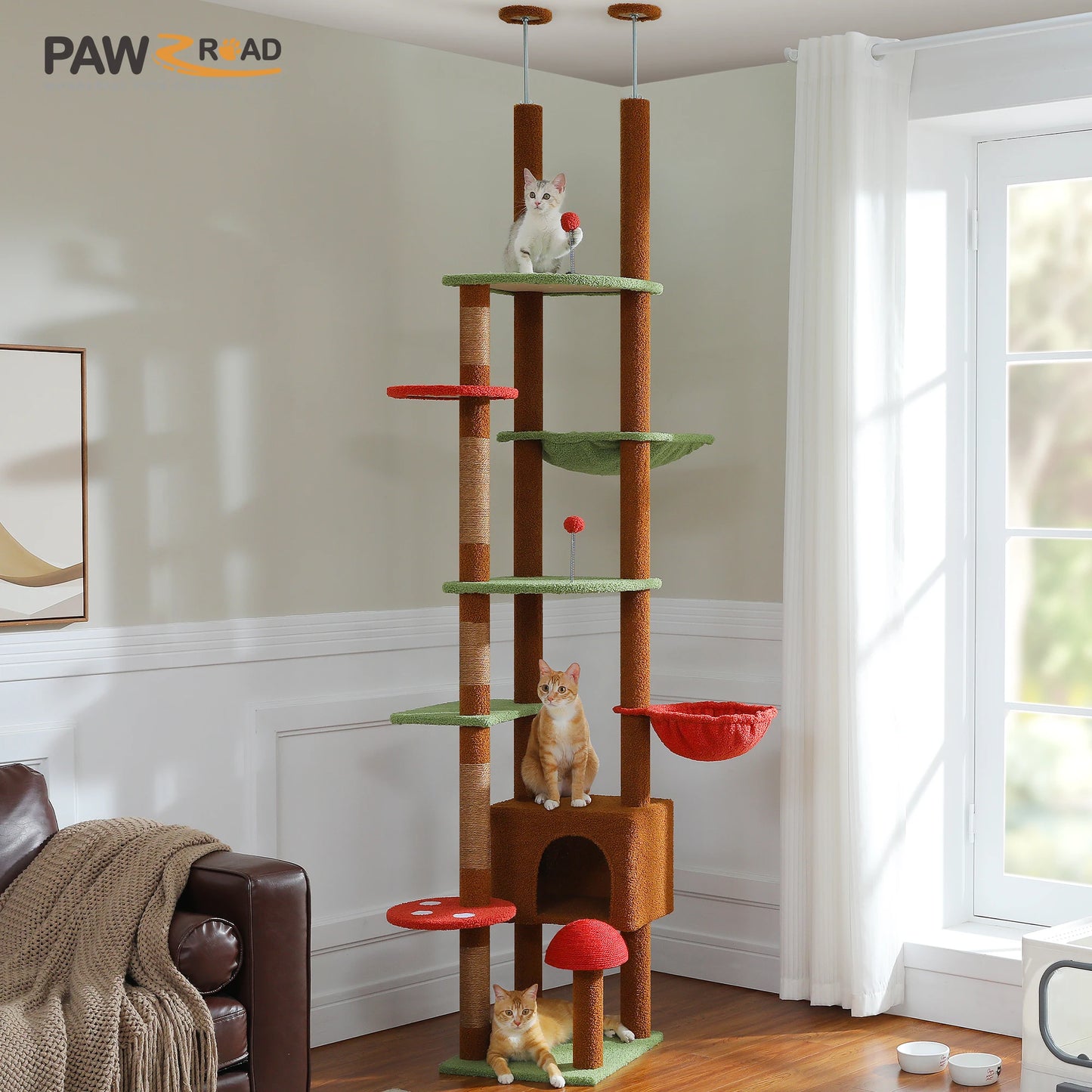 Floor to Ceiling Cat Tower Adjustable Height with Cat Condo Cozy Hammock and Scratching Post