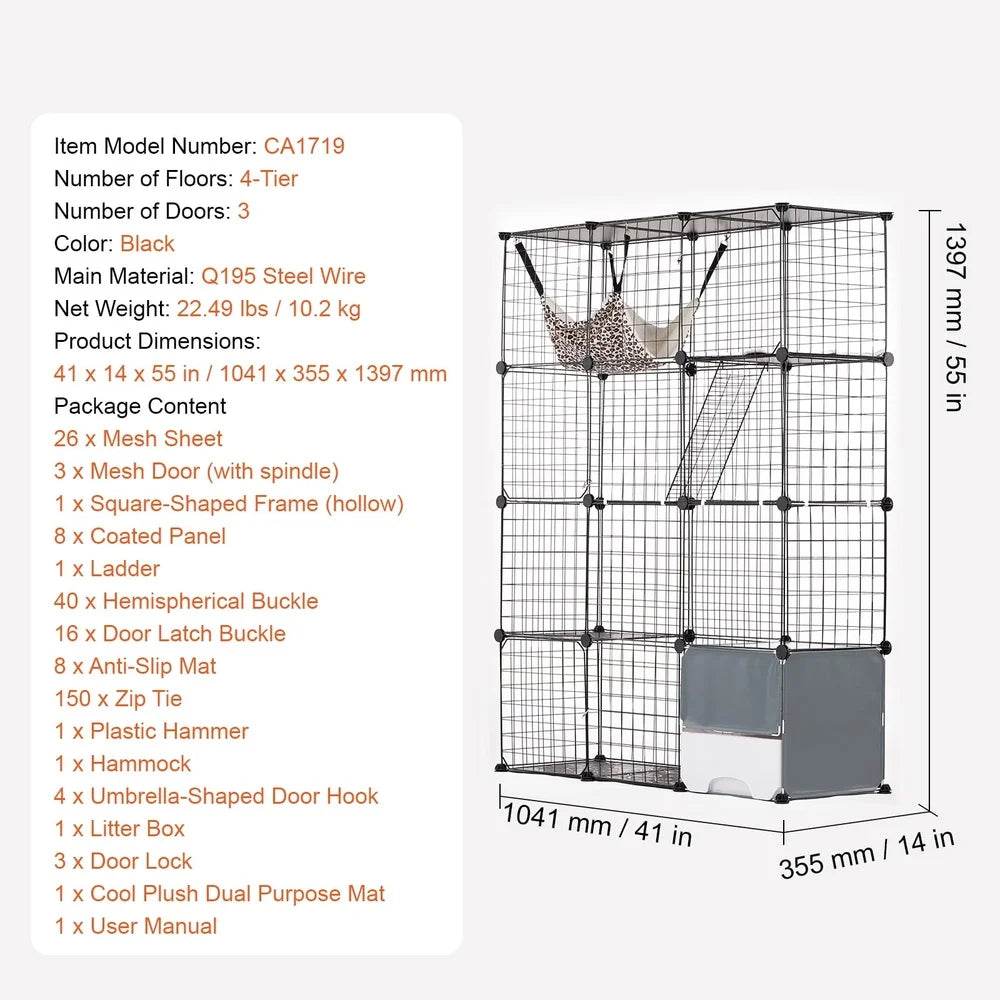 4-Level Cat Habitat with Removable Steel Mesh Litter Tray  Indoor Outdoor Use