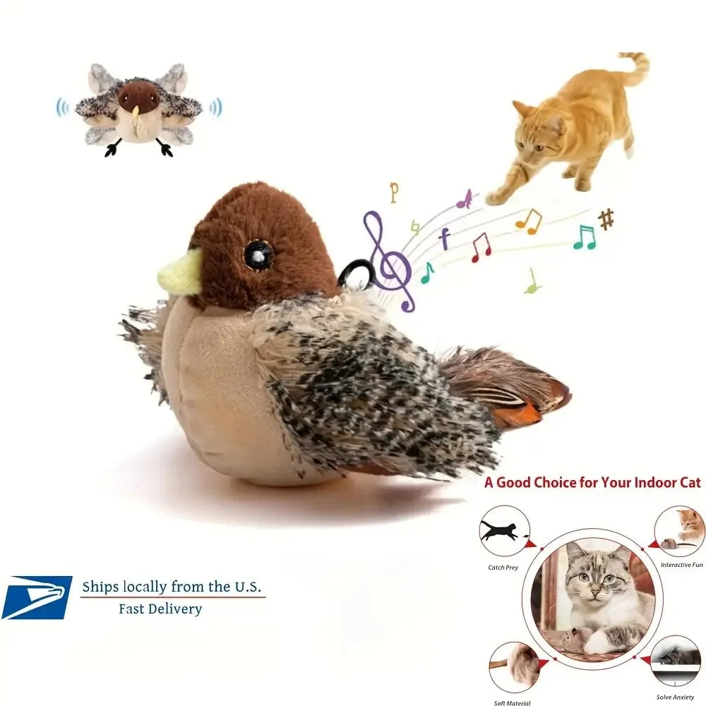 Touch-Activated Flapping Bird Cat Toy Plush Sparrow Kicking Toy with Realistic Chirping Sound, Suitable for Exercise