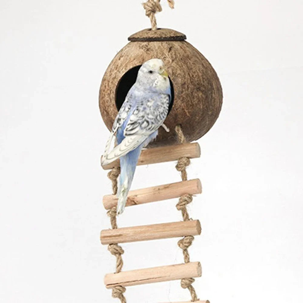 Hanging Coconut Bird House with Ladder, Nest Hut for Parrots & Small Birds