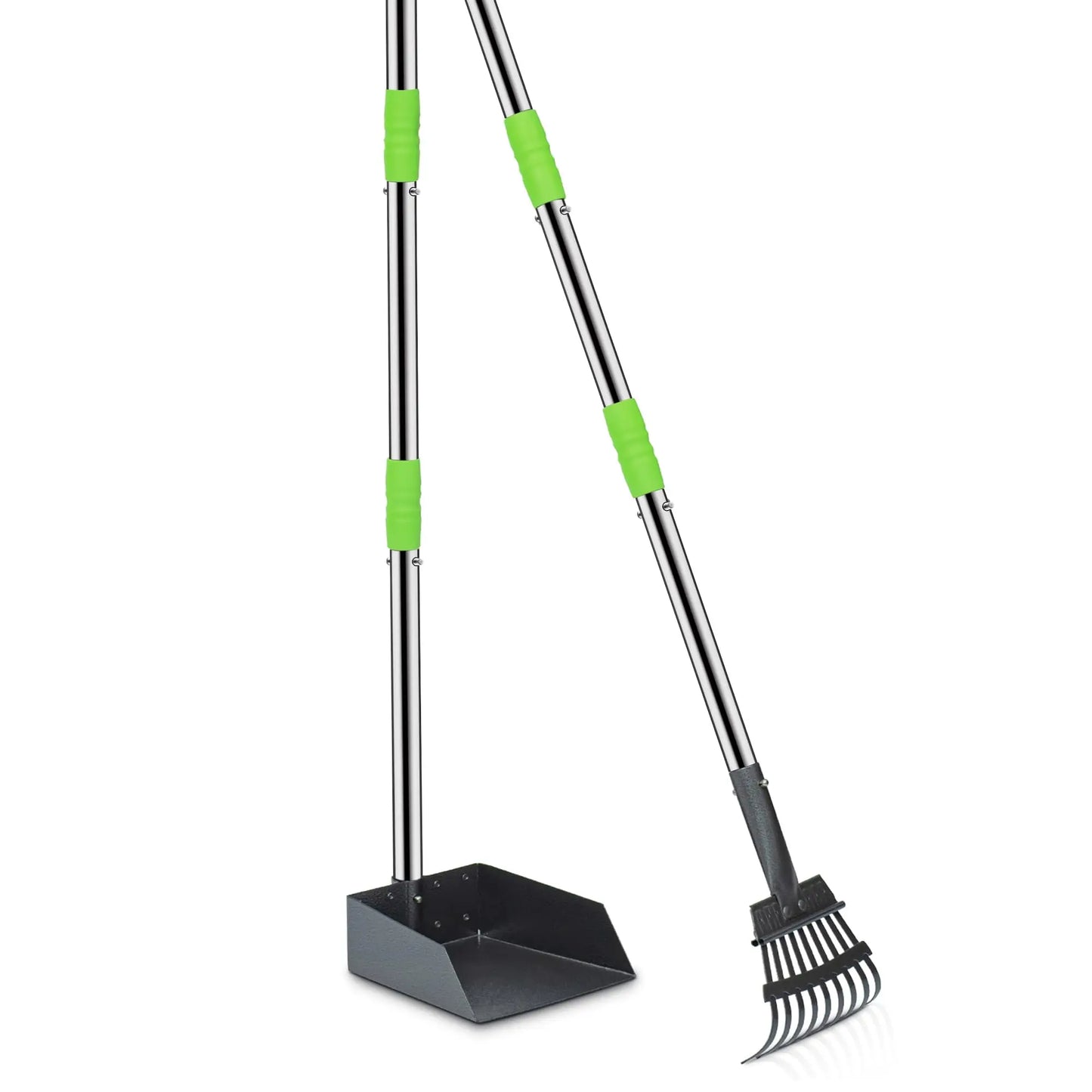 Dog Poop Tray and Rake Set, Pet Waste Removal Scoop with Long Adjustable Sectional Stainless Handles