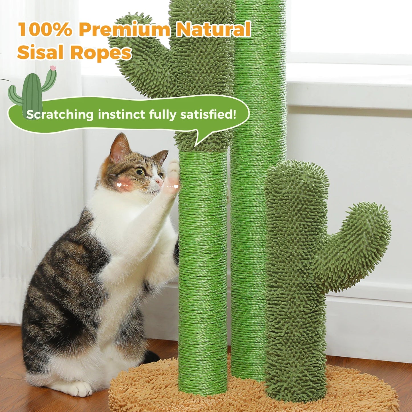 Cactus Cat Scratcher with 3 Sisal Scratching Poles Interactive Dangling Ball Cat Toys