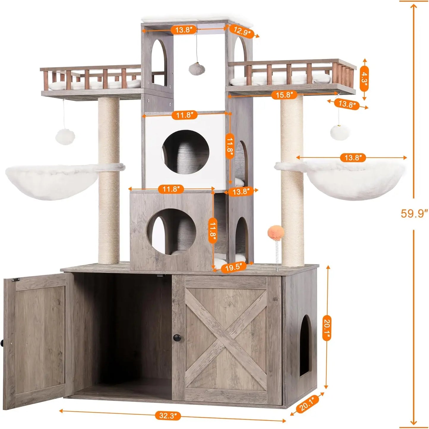 Large Cat Tree with Litter Box Enclosure, Heavy Duty Tower for Indoor Cats up to 20lbs, Modern Furniture with Scratching Posts