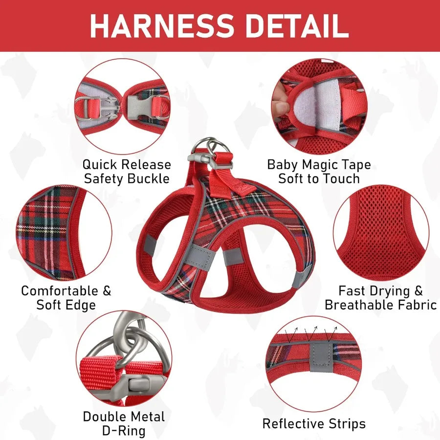 Small Dog Harness Collar and Leash Set for Puppy Cats Kitten Rabbit with Soft Mesh Adjustable Vest Design in Plaid Reflective