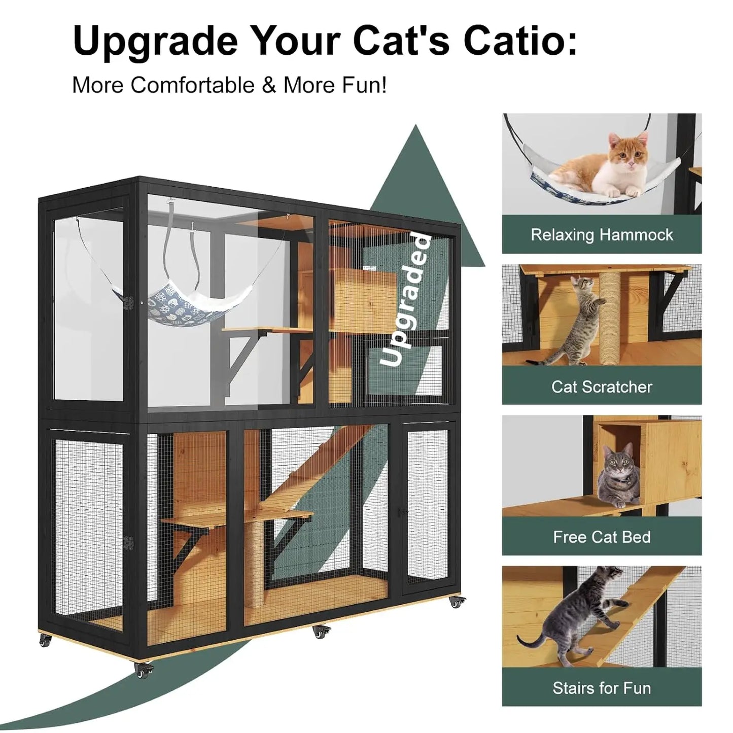 Large Wooden Cat Enclosure 4 Tier Outdoor Sunbathing Cage Patio 4 Access Doors Wheels