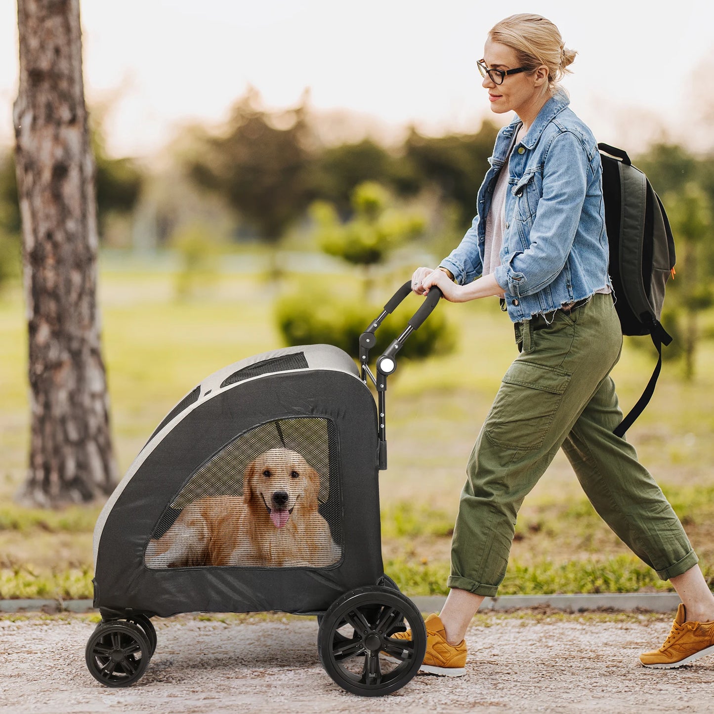 Adjustable Handle Dog Stroller, Jogger Stroller Grey Foldable Wagon Dog Dog Stroller with 4 Wheels