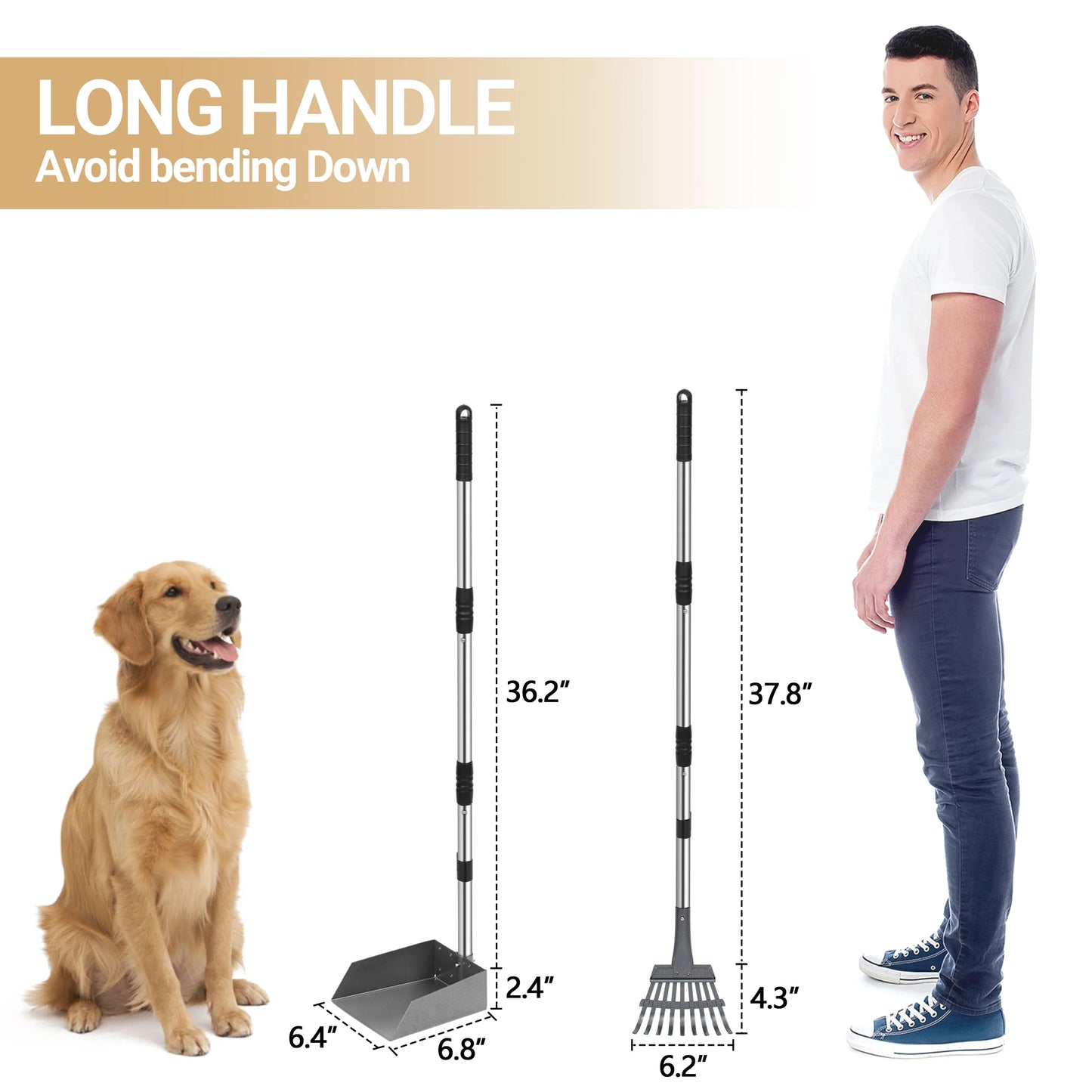 Dog Poop Tray and Rake Set, Pet Waste Removal Scoop with Long Adjustable Sectional Stainless Handles