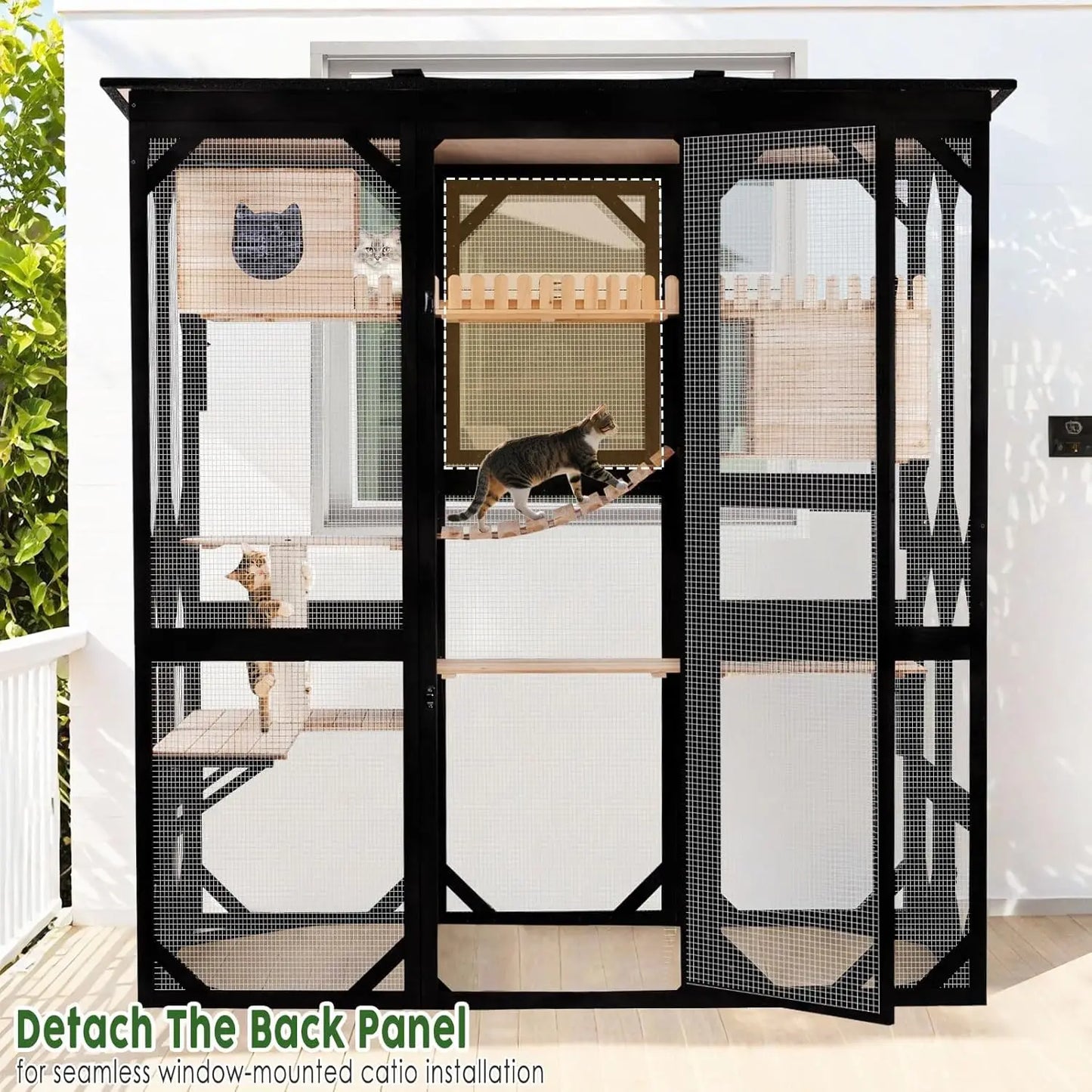 Outdoor Wooden Cat Enclosure House Multi-Cat Walk-in Cage Window Access Weather-Proof Asphalt Roof, Customized
