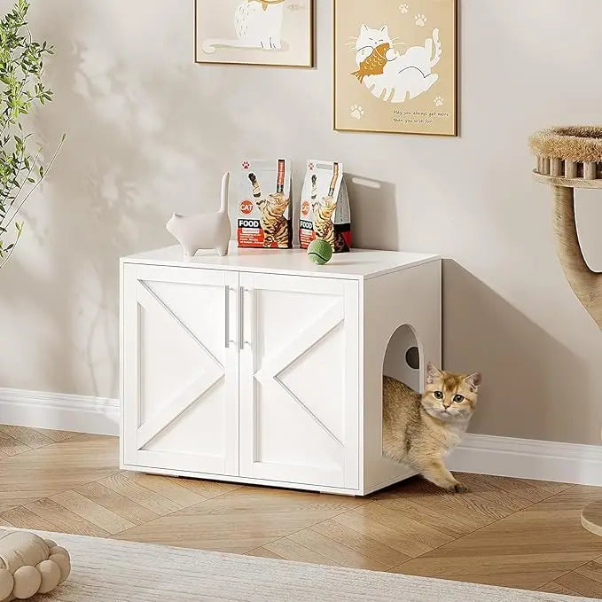 Hidden Litter Box Furniture with 2 Doors, Wooden Litter Box Enclosure Furniture