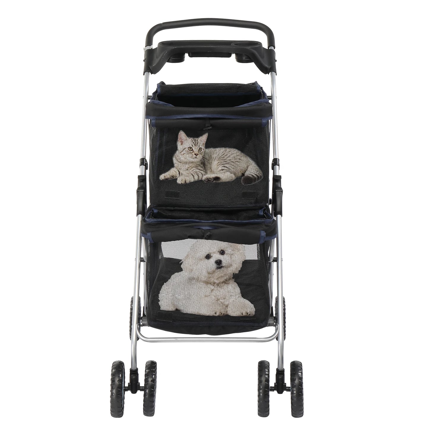 Pet Stroller for 2 Dogs Cats, Double 4 Wheel Cat Pet Carriers Bag Jogger for S M Pets, Waterproof Folding Crate with Soft Pad