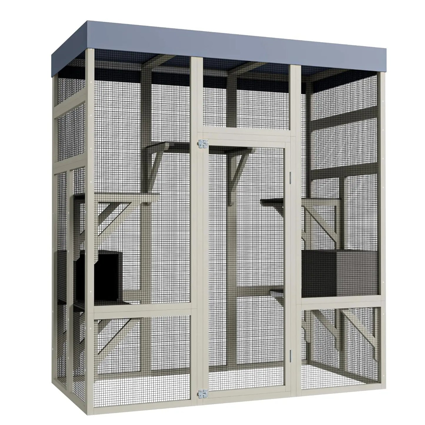 62in Wooden Outdoor Catio Large Cat Enclosure Waterproof Roof 2 Houses Platforms Rust-Proof Wire Cage Patio