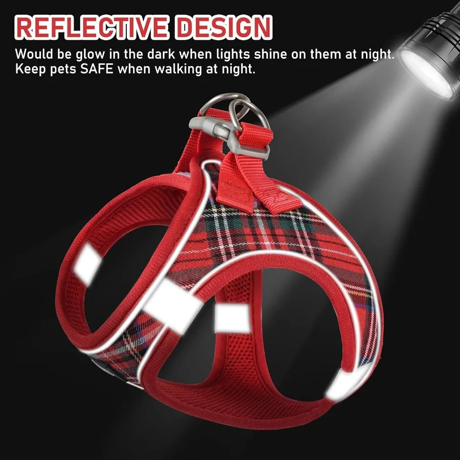 Small Dog Harness Collar and Leash Set for Puppy Cats Kitten Rabbit with Soft Mesh Adjustable Vest Design in Plaid Reflective