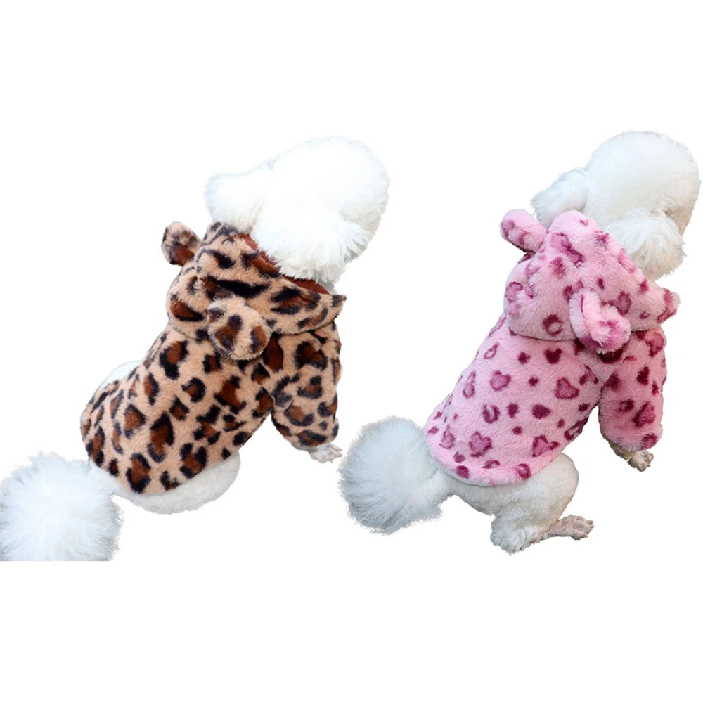 Warm Fleece Dog Hoodie Leopard Dog Coat Jacket French Bulldog Clothing