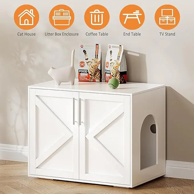 Hidden Litter Box Furniture with 2 Doors, Wooden Litter Box Enclosure Furniture