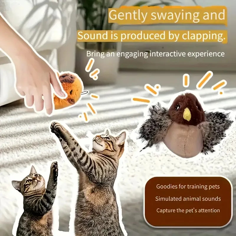 Touch-Activated Flapping Bird Cat Toy Plush Sparrow Kicking Toy with Realistic Chirping Sound, Suitable for Exercise