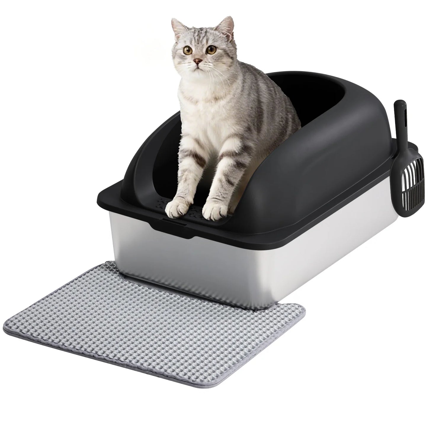 JHK Stainless 24IN Steel Cat Litter Box with Lid Large Cat Litter Box for Big Cats Anti-Urine Leakage Scoop and Mat Included