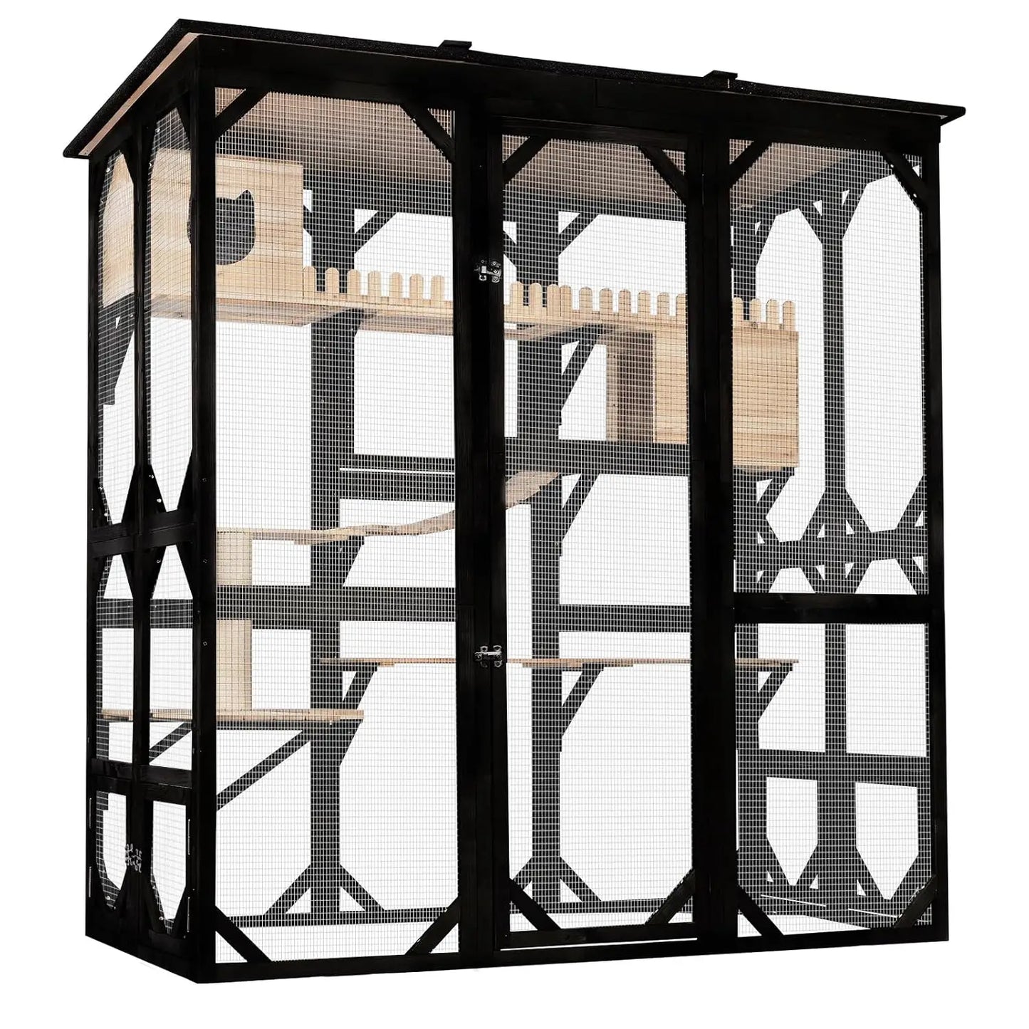 Outdoor Wooden Cat Enclosure House Multi-Cat Walk-in Cage Window Access Weather-Proof Asphalt Roof, Customized