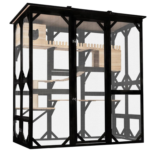 Outdoor Wooden Cat Enclosure House Multi-Cat Walk-in Cage Window Access Weather-Proof Asphalt Roof, Customized