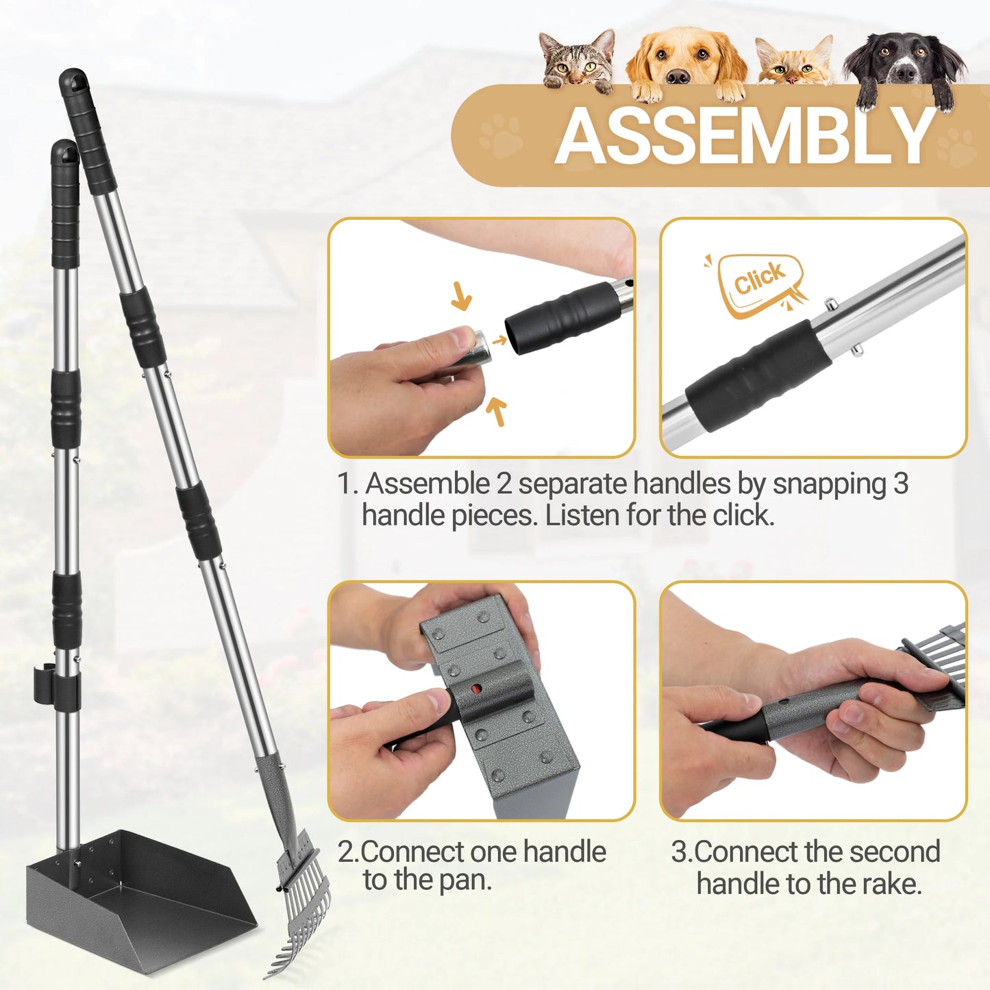 Dog Poop Tray and Rake Set, Pet Waste Removal Scoop with Long Adjustable Sectional Stainless Handles