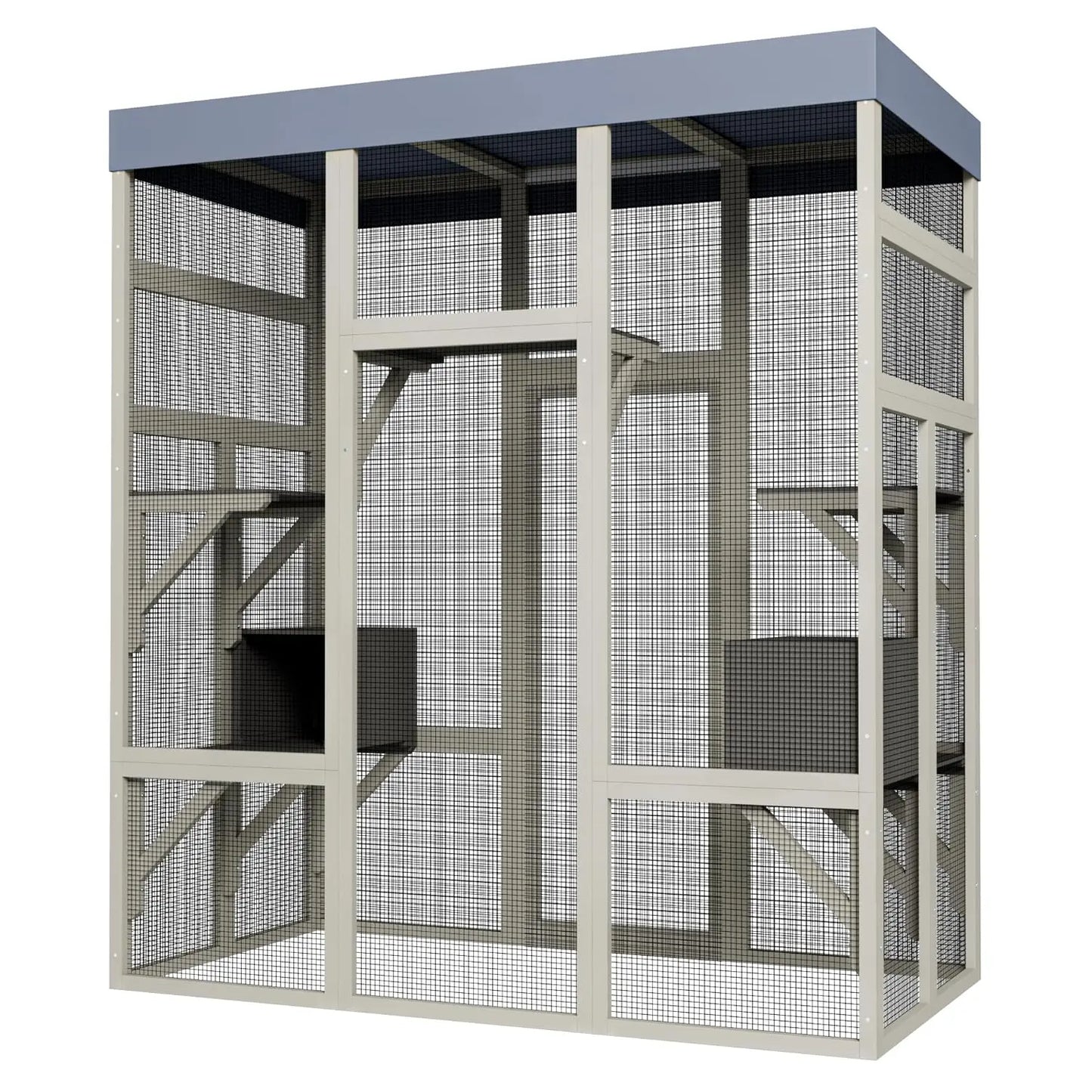 62in Wooden Outdoor Catio Large Cat Enclosure Waterproof Roof 2 Houses Platforms Rust-Proof Wire Cage Patio