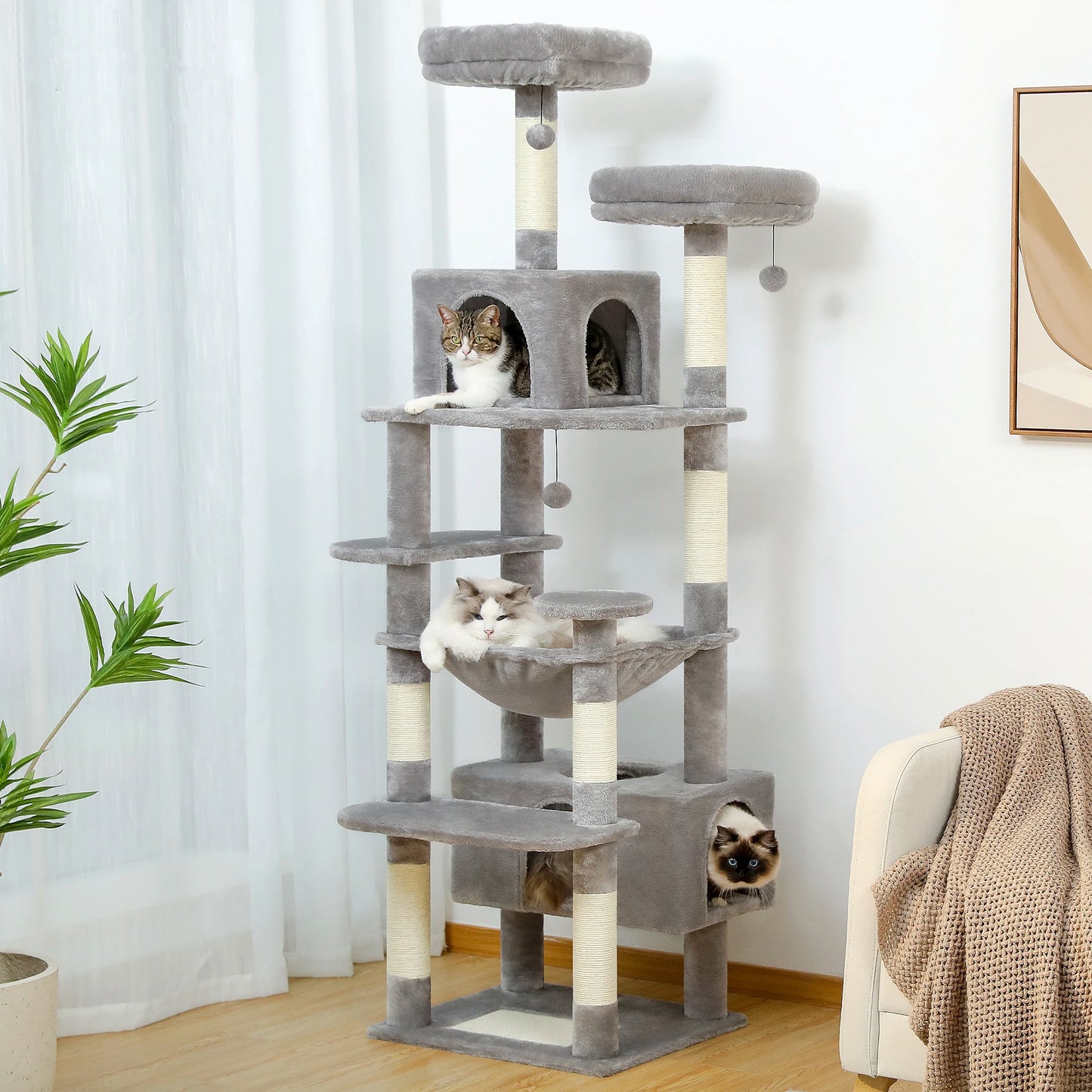 Multi-Level Cat Tree Tower with Scratching Posts&Board, Hammock, Cat Condo,
