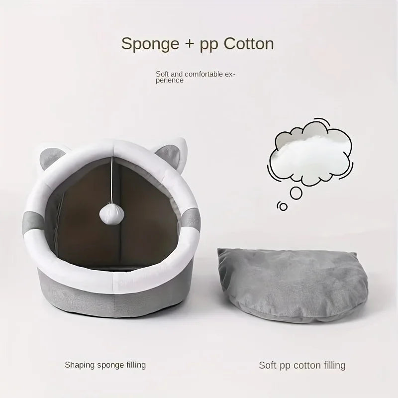 Comfortable Cartoon Cat House with Removable Pad, Modern Style Pet Bed Cave, Indoor Plush House Bed