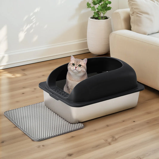 Stainless Steel Cat Litter Box with Lid Large Cat Litter Box for Big Cats Anti-Urine Leakage Scoop and Mat Included