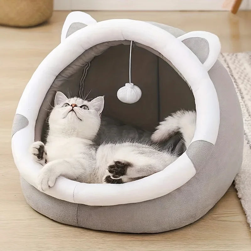 Comfortable Cartoon Cat House with Removable Pad, Modern Style Pet Bed Cave, Indoor Plush House Bed