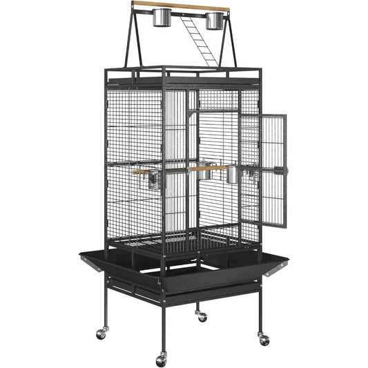 Wrought Iron Bird Cage with Rolling Stand, Heavy-Duty Pet Bird House